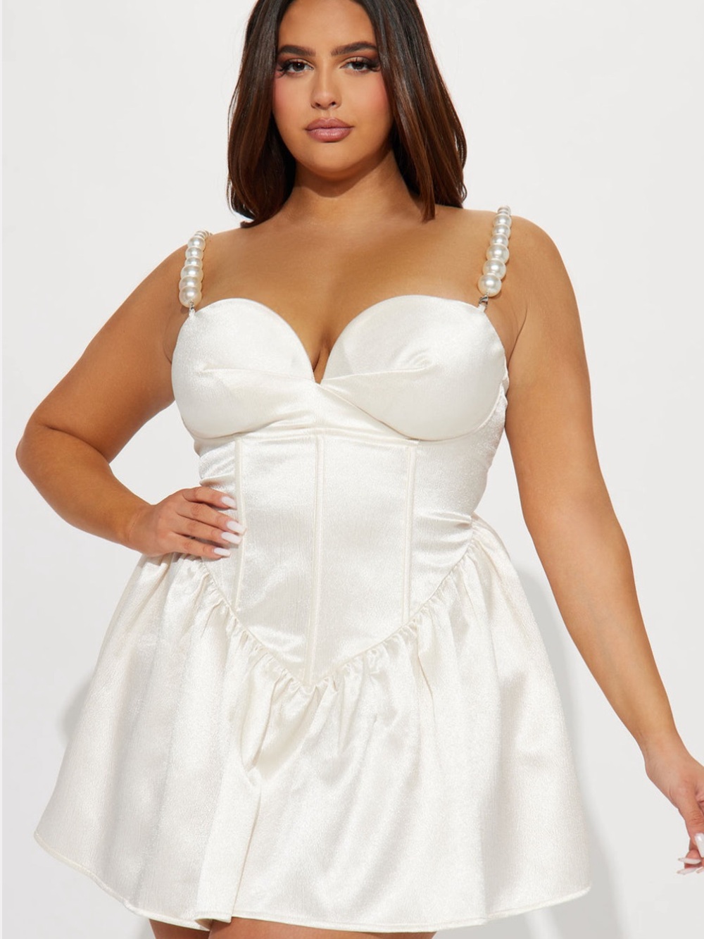 Fashion Nova Pearl Strap White Satin Mini Dress